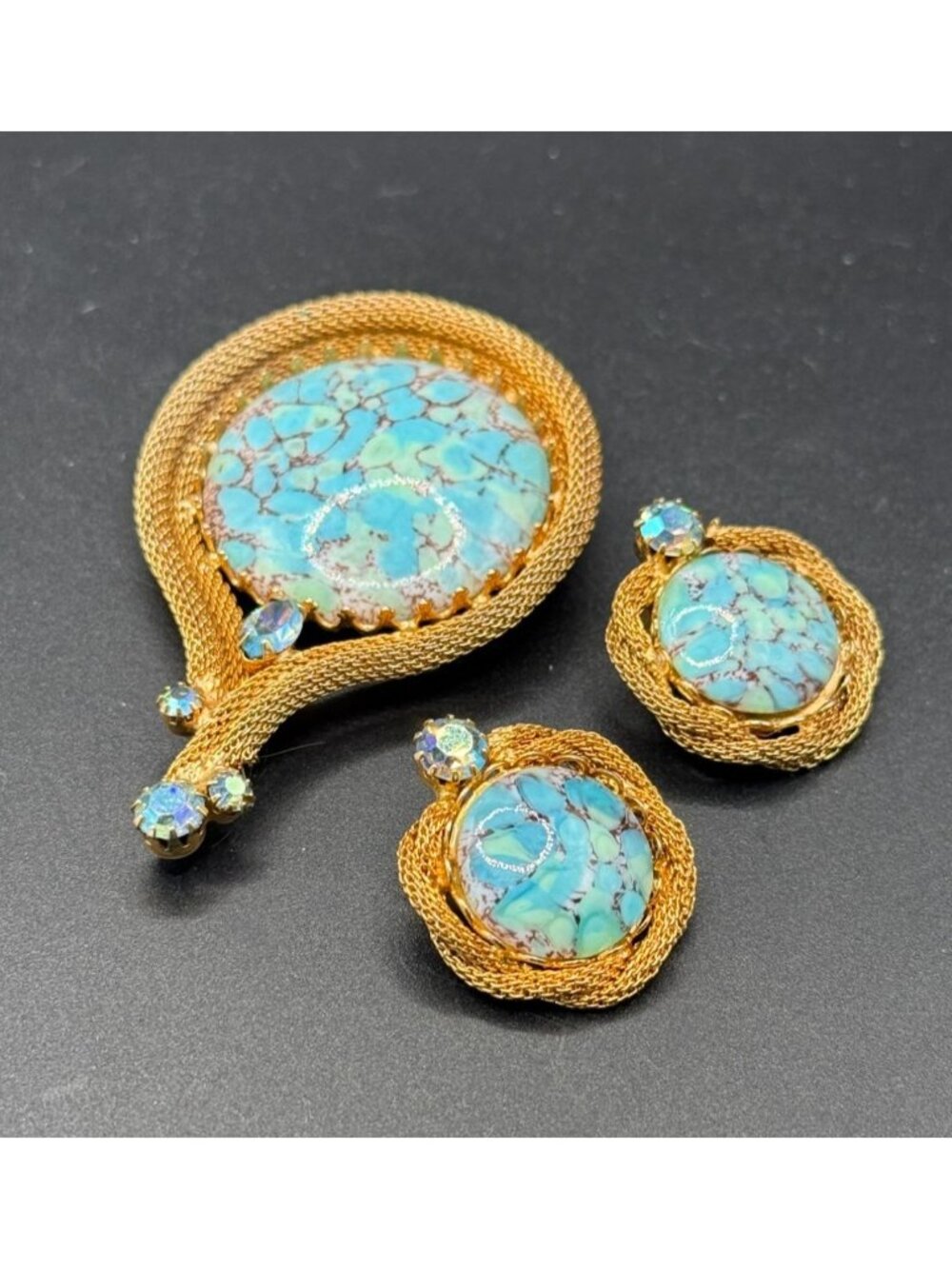 Vintage Gold Tone Faux Turquoise Brooch & Clip-On Earrings Set | Mid Century Sta